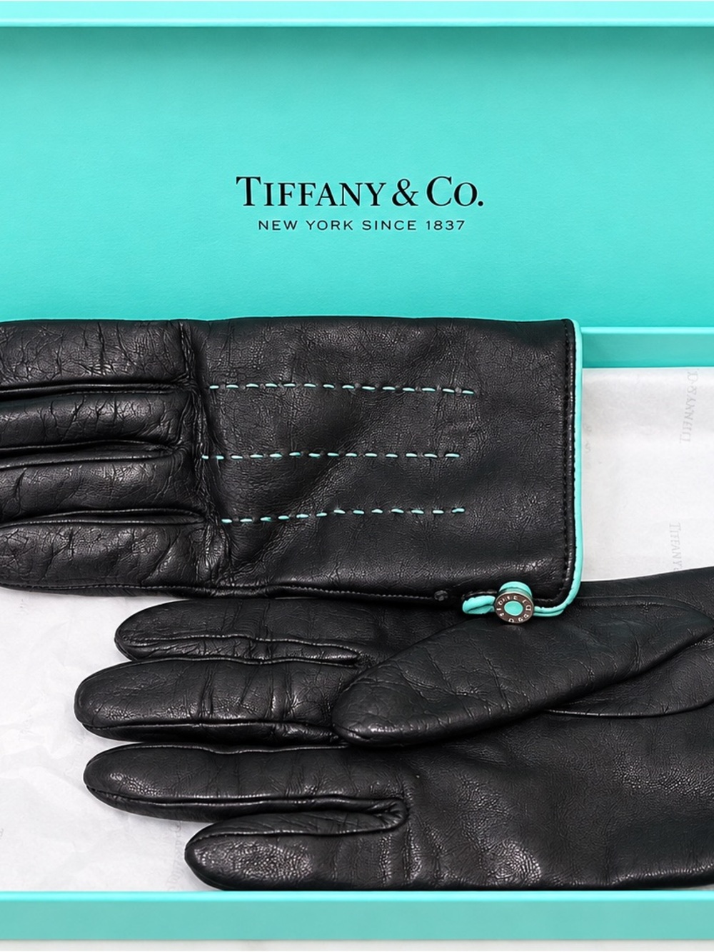 Tiffany & Co. Black Leather Gloves with Tiffany Blue Trim